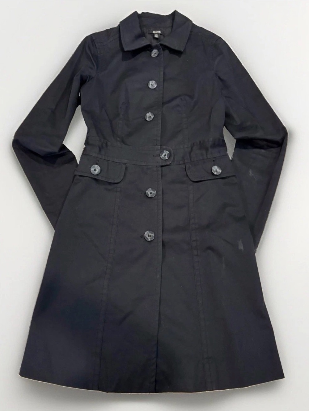 Y2K Jacob Women’s Trench Coat Black Lightweight Fall Jacket Size 1/2 Buttons